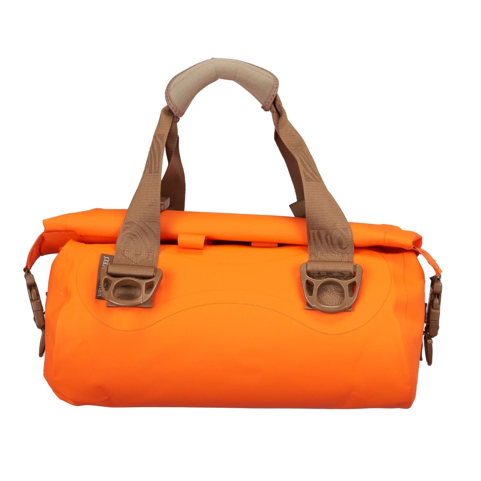 an orange duffel bag with two handles.