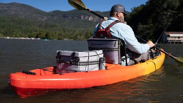 Featuring the Splash Seat Back Cooler fishing accessory, rec kayak accessory, tour kayak accessory manufactured by Perception shown here from a second angle.