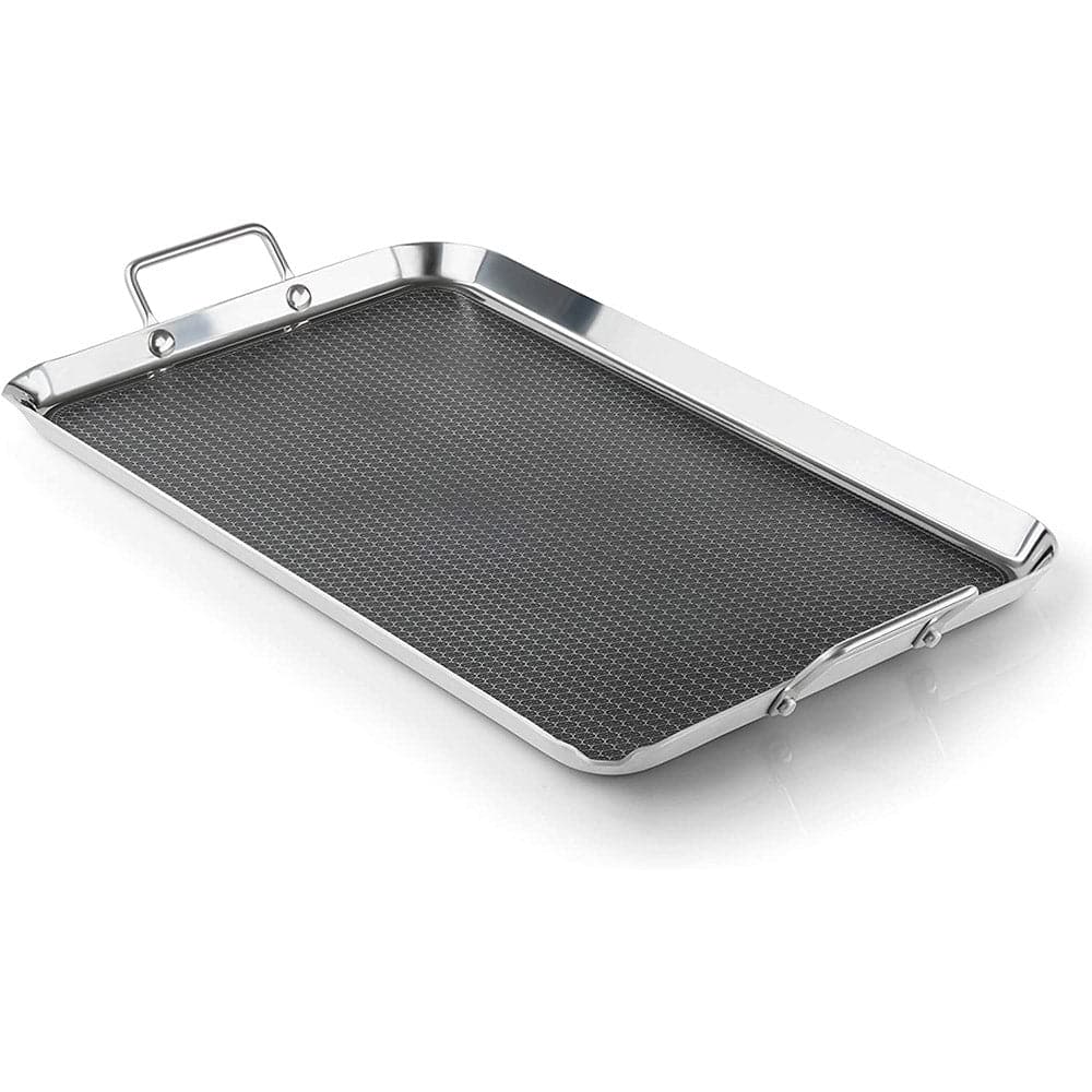 GSI Outdoors' Gourmet Griddle: A stainless steel rectangular griddle pan with a Teflon non-stick coating, textured surface, and dual side handles, ideal for camp kitchens.