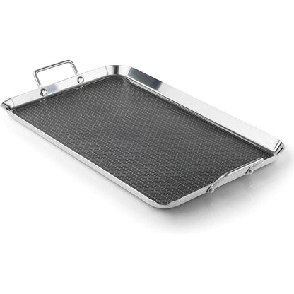 GSI Outdoors' Gourmet Griddle: A stainless steel rectangular griddle pan with a Teflon non-stick coating, textured surface, and dual side handles, ideal for camp kitchens.