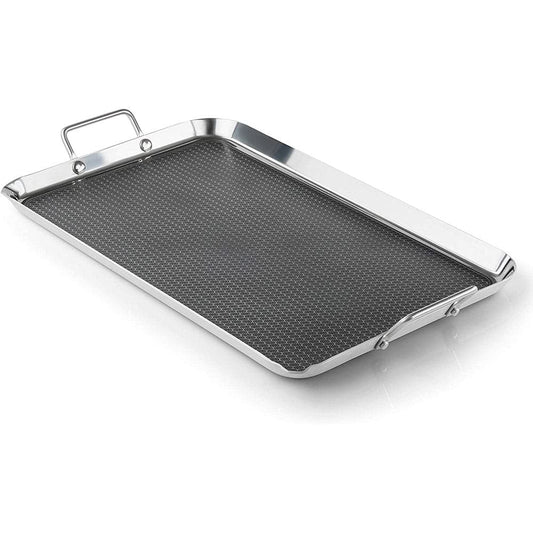 GSI Outdoors' Gourmet Griddle: A stainless steel rectangular griddle pan with a Teflon non-stick coating, textured surface, and dual side handles, ideal for camp kitchens.