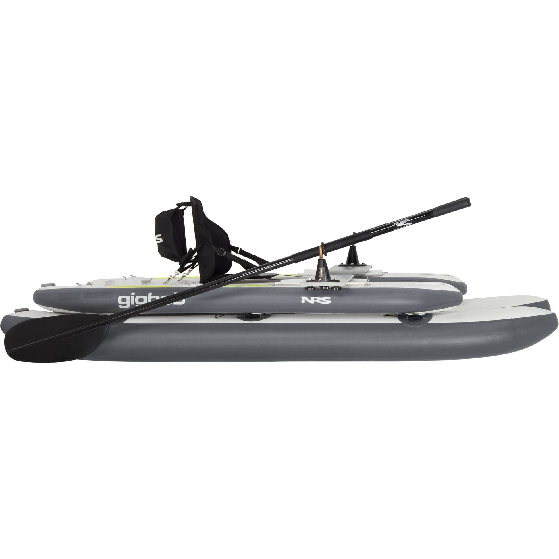 Featuring the GigBob 2.0 cataraft, fishing kayak, inflatable kayak manufactured by NRS shown here from a third angle.