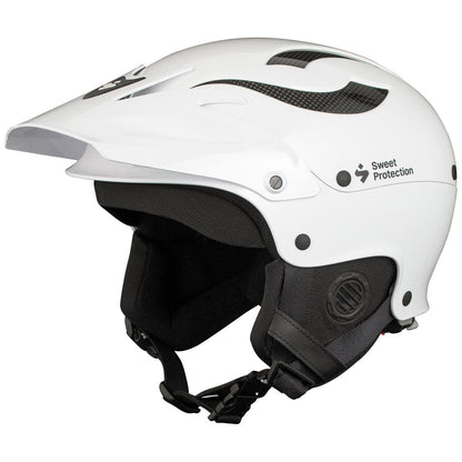 The Rocker Helmet by Sweet Protection, featuring TLC Shell Technology, has a white exterior with black interior padding, chin strap, and air vents. It prominently displays "Sweet Protection Rocker" on the side and is perfect for anyone seeking high-quality whitewater helmets.