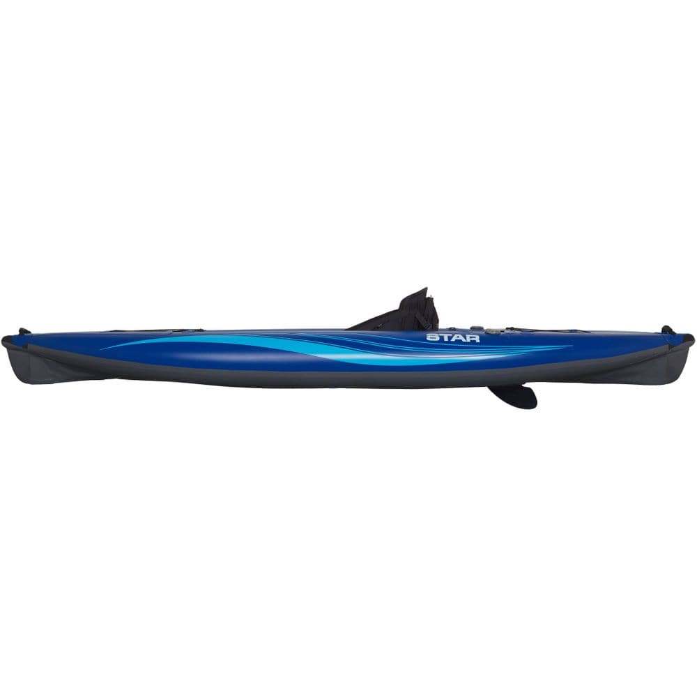 Featuring the STAR Paragon Solo IK ducky, inflatable kayak manufactured by NRS shown here from a fourth angle.