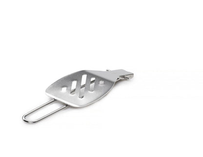 Flat-handled metallic bottle opener with a slotted design, an ideal match for the GSI Outdoors Basecamp Chef's Tool Set, on a white background.