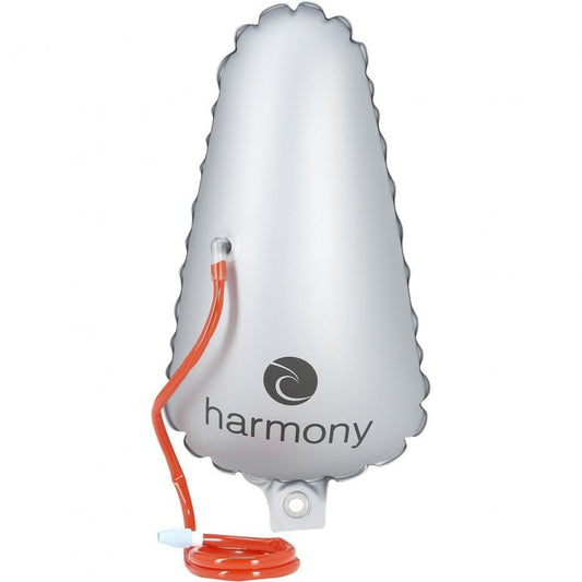 The gray Bow Float Bag by Harmony Gear is an inflatable buoy for kayak flotation, featuring an orange air tube and a black "harmony" logo on the front.