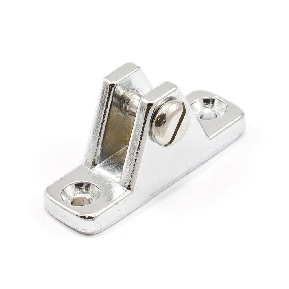 The Coyote River Gear Bimini Deck Mount - New Style - Threaded features a silver metal hinge bracket with a central pivot screw and two mounting holes per side, perfect for replacing your Bimini. It ensures secure fitting, easy installation, and reliable support for marine needs.