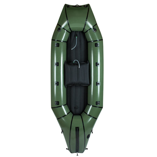 Featuring the Forager Tandem pack raft manufactured by Alpacka shown here from one angle.