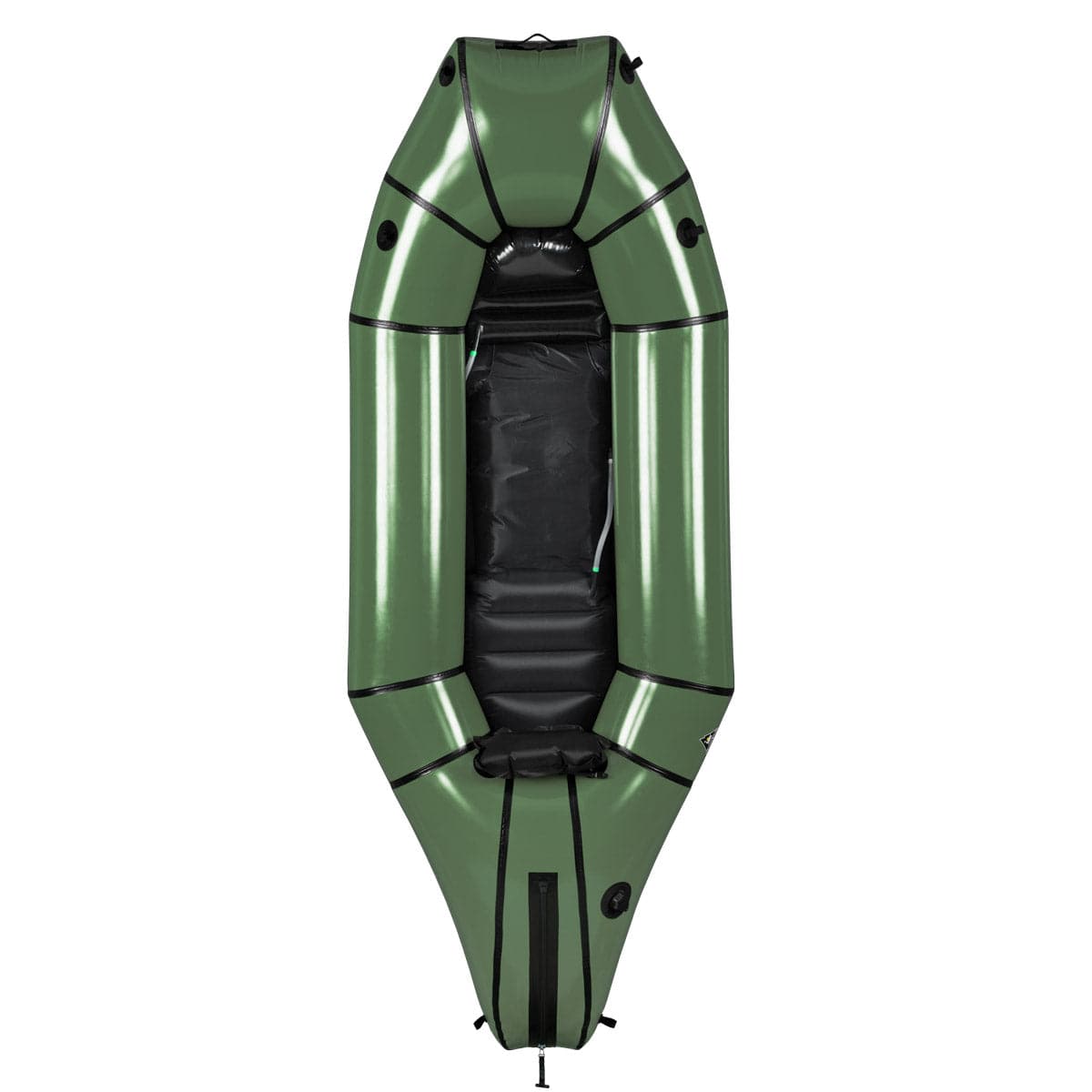 Top view of the Alpacka Mule packraft in green with black trim, includes a seat, multiple attachment points, and a roomy Cargo Hull for gear storage.