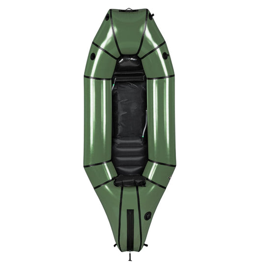 Top view of the Alpacka Mule packraft in green with black trim, includes a seat, multiple attachment points, and a roomy Cargo Hull for gear storage.