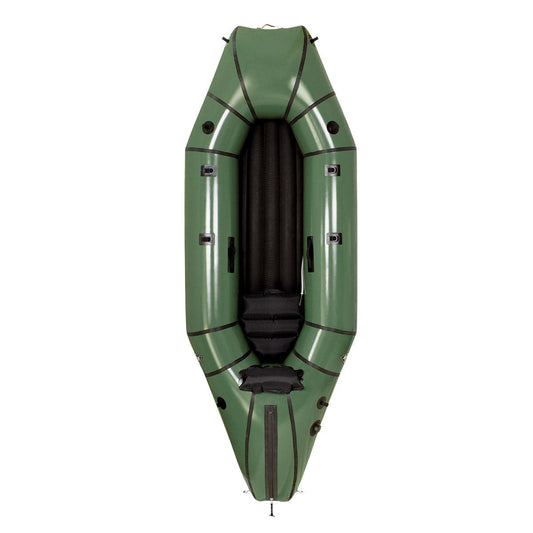 Featuring the Ranger pack raft manufactured by Alpacka shown here from one angle.