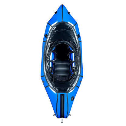 Featuring the Expedition with Removable Deck pack raft manufactured by Alpacka shown here from one angle.