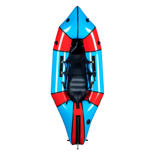 Featuring the Gnarwhal Self-Bailer pack raft manufactured by Alpacka shown here from one angle.