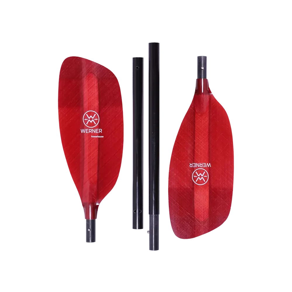 Featuring the Powerhouse 4-Piece breakdown paddle, ik paddle, pack raft paddle manufactured by Werner shown here from one angle.