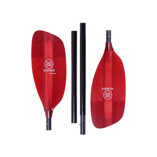 Featuring the Powerhouse 4-Piece breakdown paddle, ik paddle, pack raft paddle manufactured by Werner shown here from one angle.