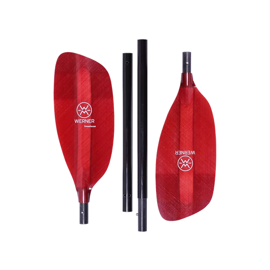 The Werner Paddles Powerhouse 4-Piece kayak paddle features two red blades and two black connecting rods on a black background, ideal for whitewater enthusiasts seeking the ultimate creeking and river running experience.