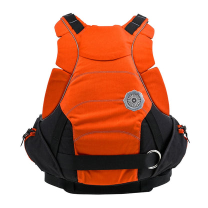 An orange and black padded backpack inspired by Freestyle Tectonic adventures features multiple straps and a circular front emblem, resembling the style of Astral's GreenJacket Rescue PFD.