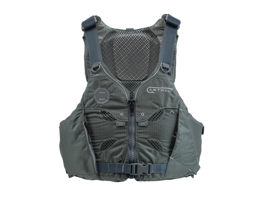 Featuring the V-Eight Fisher PFD fishing pfd, men's pfd, women's pfd manufactured by Astral shown here from one angle.