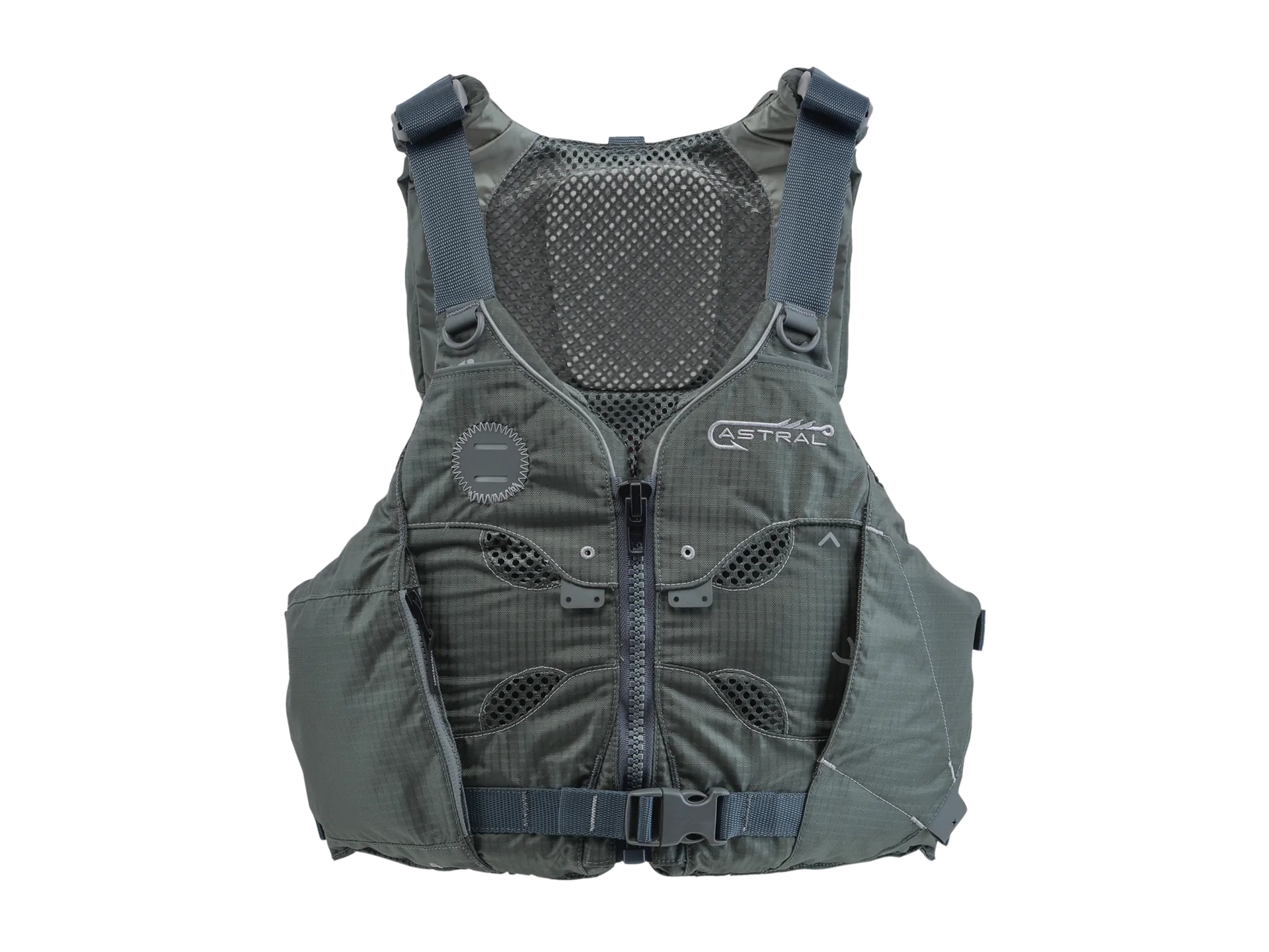 Featuring the V-Eight Fisher PFD fishing pfd, men's pfd, women's pfd manufactured by Astral shown here from one angle.