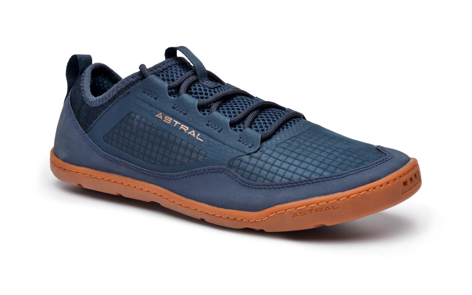 The Astral Loyak AC Men's shoe features a blue and brown design with durable ripstop mesh uppers, G-Rubber outsoles, and laces for superior grip. The iconic "Astral" brand name is displayed on the side, offering style and performance.