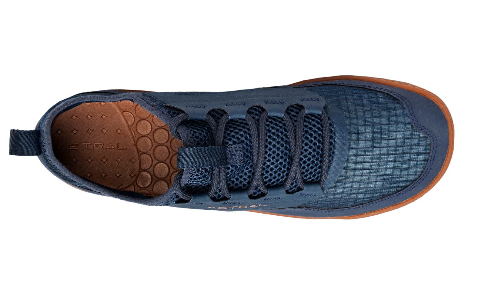 The Loyak AC - Men's by Astral is a blue and brown sneaker with a ripstop mesh and textile upper, featuring a lace-up design and G-Rubber outsoles for extra traction.