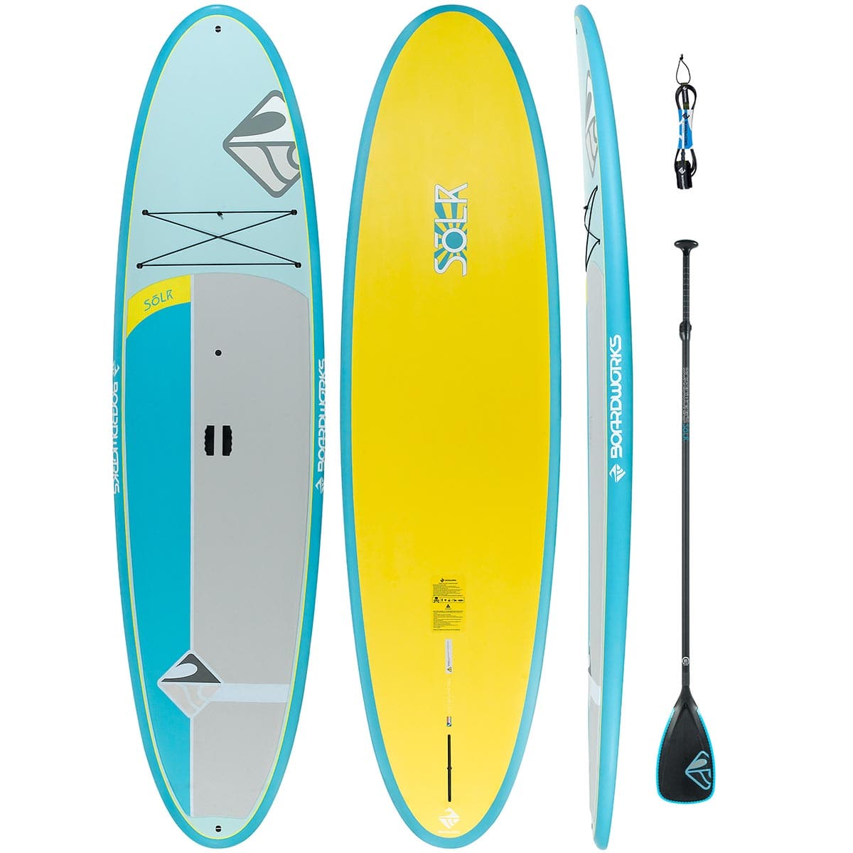 Featuring the Solr 10'6 SUP Package rigid sup manufactured by Boardworks shown here from a fifth angle.