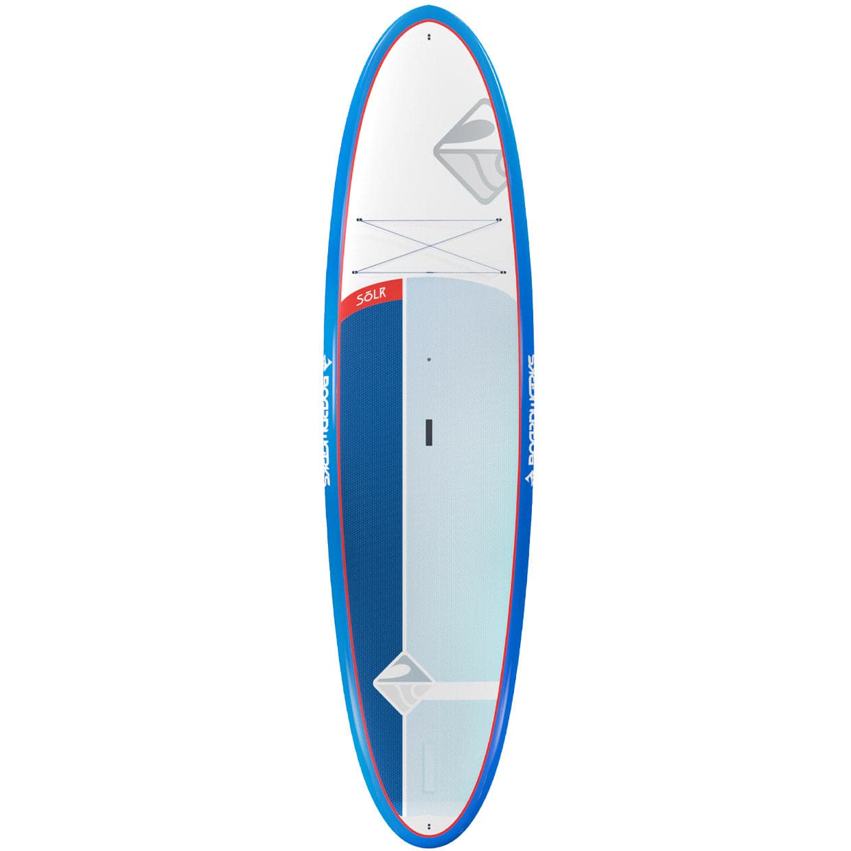 Featuring the Solr 10'6 SUP Package rigid sup manufactured by Boardworks shown here from one angle.
