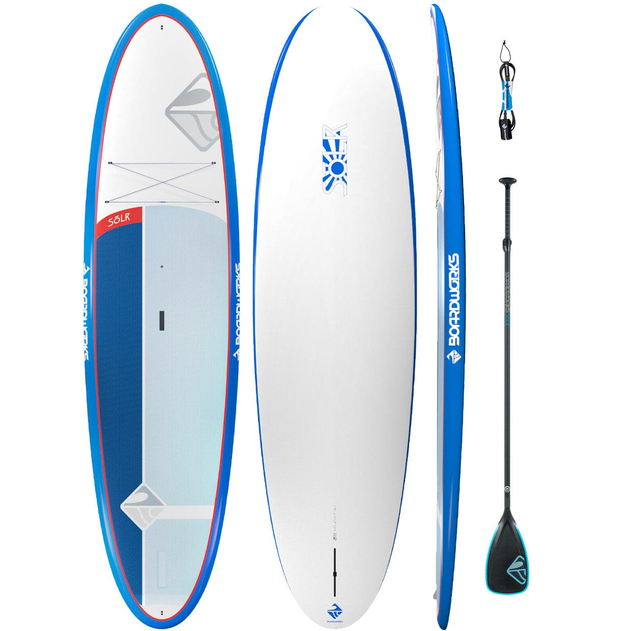 Featuring the Solr 10'6 SUP Package rigid sup manufactured by Boardworks shown here from a fourth angle.