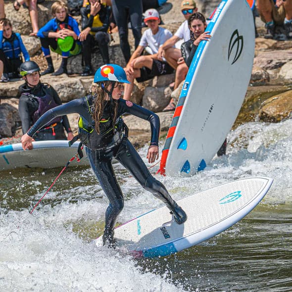 Featuring the Shuvit river surfing, whitewater sup manufactured by Badfish shown here from a third angle.