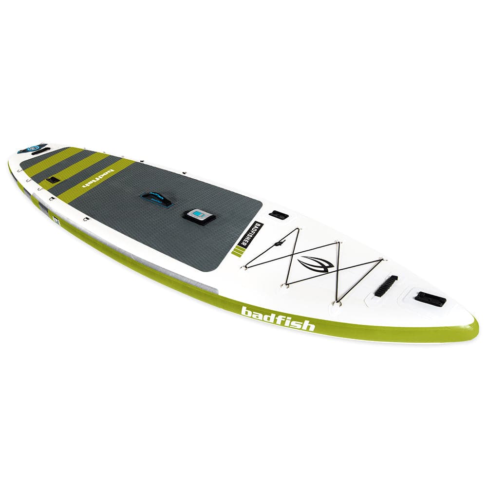 Featuring the Badfisher Package fishing sup, inflatable sup manufactured by Badfish shown here from a third angle.