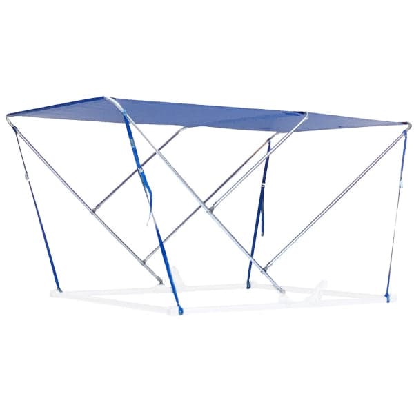 The Raft Bimini by Coyote River Gear is a blue folding tramp bed featuring a sturdy metal frame and marine fabric top, ideal for outdoor adventures.
