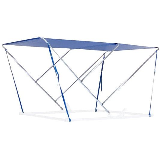 The Raft Bimini by Coyote River Gear is a blue folding tramp bed featuring a sturdy metal frame and marine fabric top, ideal for outdoor adventures.