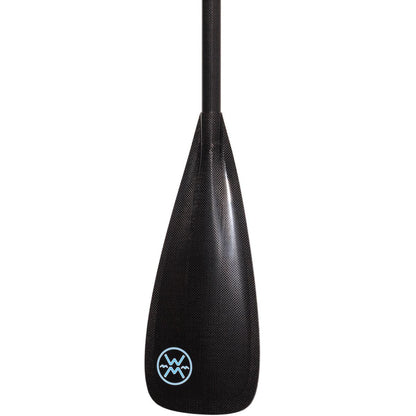 The Rip Stick Stand Up Paddle from Werner Paddles is black with a carbon fiber texture, features a small blue circular logo near the blade's tip, and has a double concave dihedral design for high cadence performance.