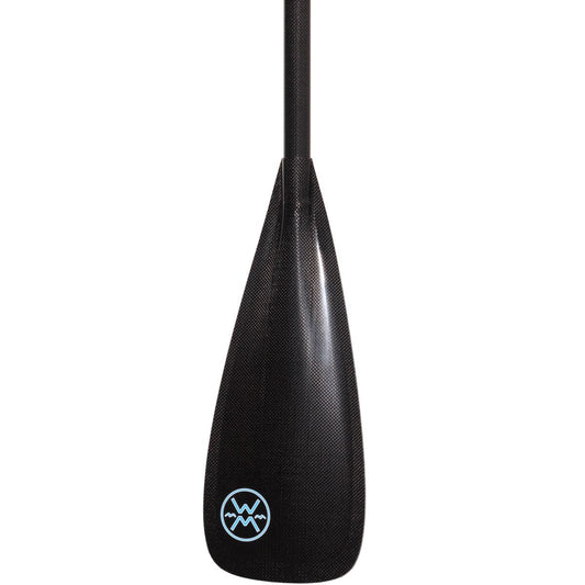 The Rip Stick Stand Up Paddle from Werner Paddles is black with a carbon fiber texture, features a small blue circular logo near the blade's tip, and has a double concave dihedral design for high cadence performance.