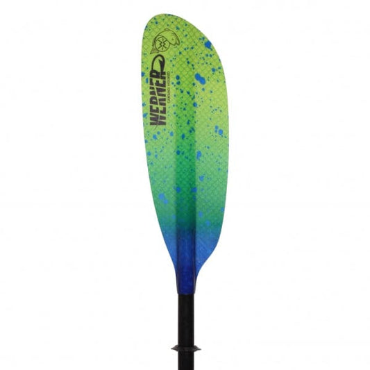 The Werner Paddles Camano Adjustable Kayak Paddle boasts a green and blue speckled low angle blade with a sleek black shaft, elegantly set on a pristine white background.