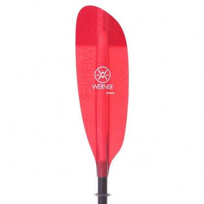 The Werner Paddles Camano kayak paddle in red boasts a sleek low angle blade, ideal for efficient and relaxed long tours, constructed with durable fiberglass and presented against a crisp white background.