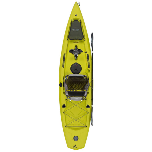 Featuring the Mirage Compass 12 fishing kayak, pedal drive kayak manufactured by Hobie shown here from one angle.