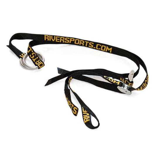 The Coyote River Gear Oar Leashes - Pair features a black and yellow strap with "RIVERSPORTS.COM," robust metal rings, clips, 1" webbing, and practical cam buckles, perfect for securing gear.