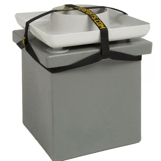 The Coyote River Gear Replacement Toilet Tie Down Strap features a secure cam buckle closure and yellow text on a black strap, perfect for fastening the gray box, lid, and white funnel of your portable toilet setup efficiently.
