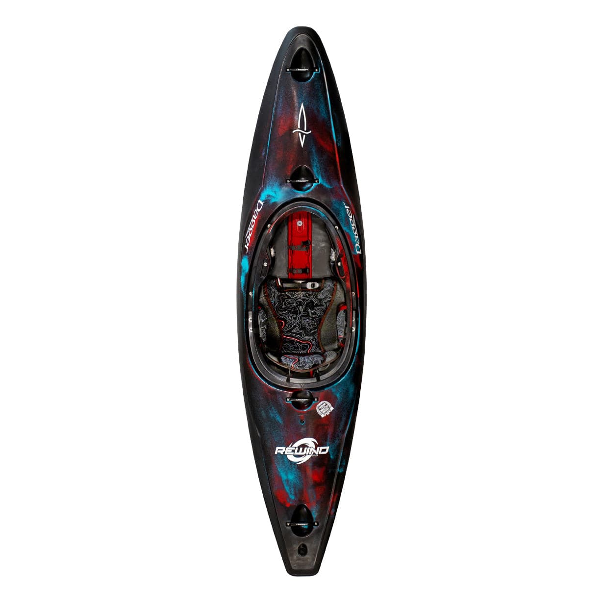 Featuring the Rewind creek boat, freestyle kayak, play boat, pre-order, river runner kayak manufactured by Dagger shown here from a fourth angle.