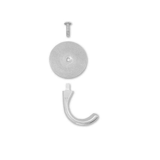 The DRE Poly Deck Hinge by Down River Equipment features CNC-crafted metal components, including a screw, round base plate, and elegantly curved hook.