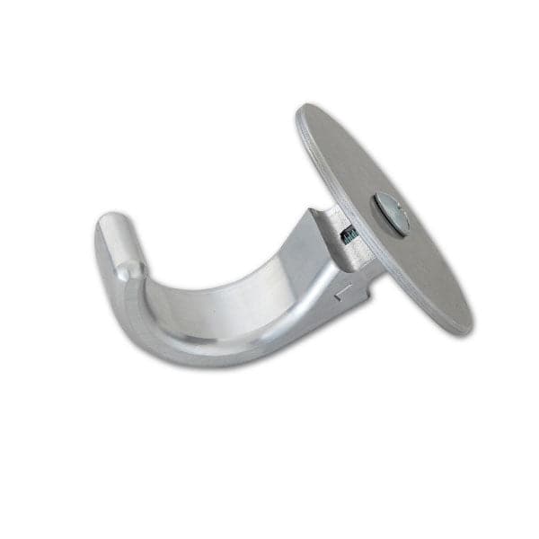 The DRE Poly Deck Hinge by Down River Equipment is expertly crafted with CNC technology, featuring a silver metal J-shaped hook and circular flat base.