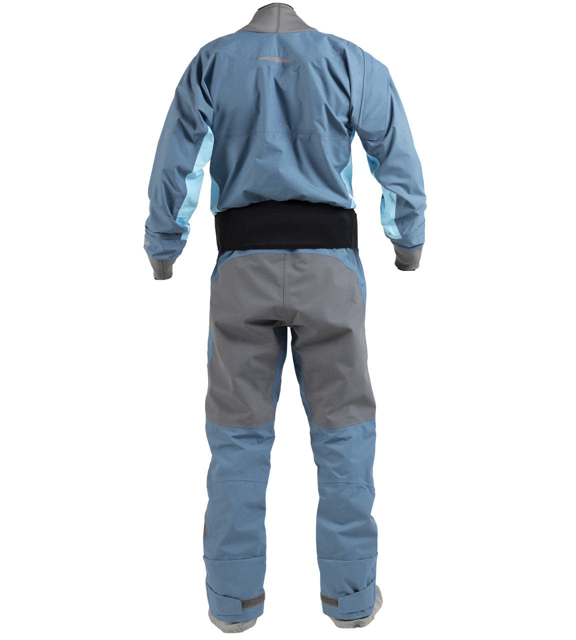 Rear view of a person in a Kokatat Hydrus 3.0 Meridian Drysuit-Mens, featuring blue and gray colors and a black waistband, designed for waterproof protection during water activities.