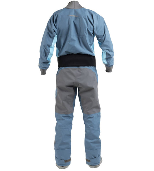 Rear view of a person in a Kokatat Hydrus 3.0 Meridian Drysuit-Mens, featuring blue and gray colors and a black waistband, designed for waterproof protection during water activities.