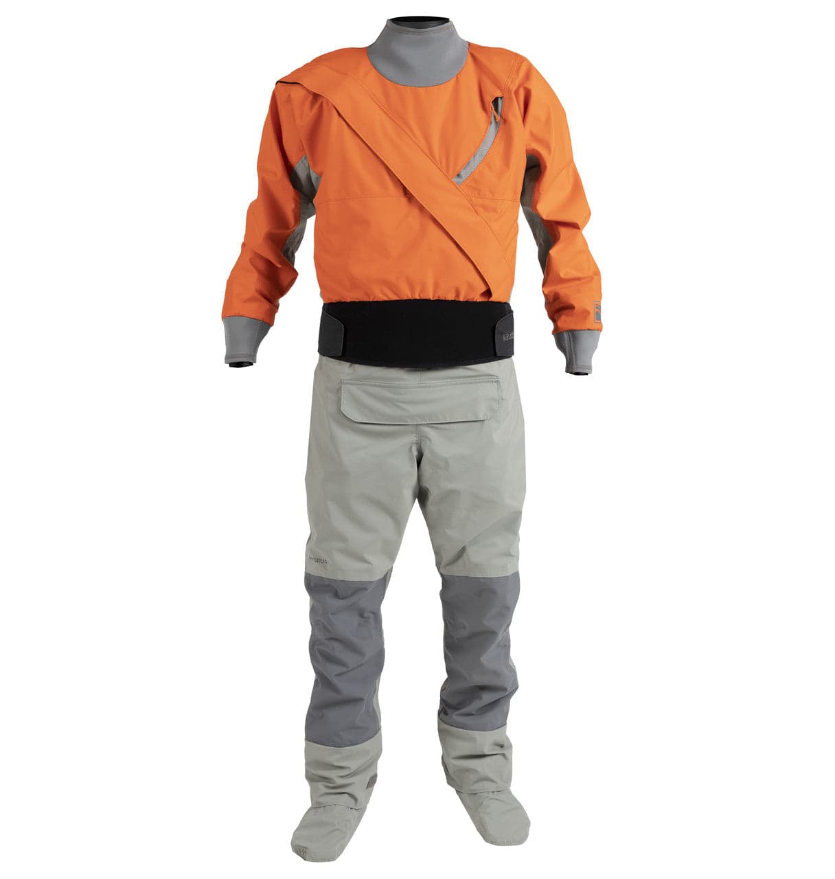The Kokatat Hydrus 3.0 Meridian Drysuit for men, in orange and gray, features a diagonal zipper and waterproof construction, keeping you dry during water activities. It's showcased against a white background.
