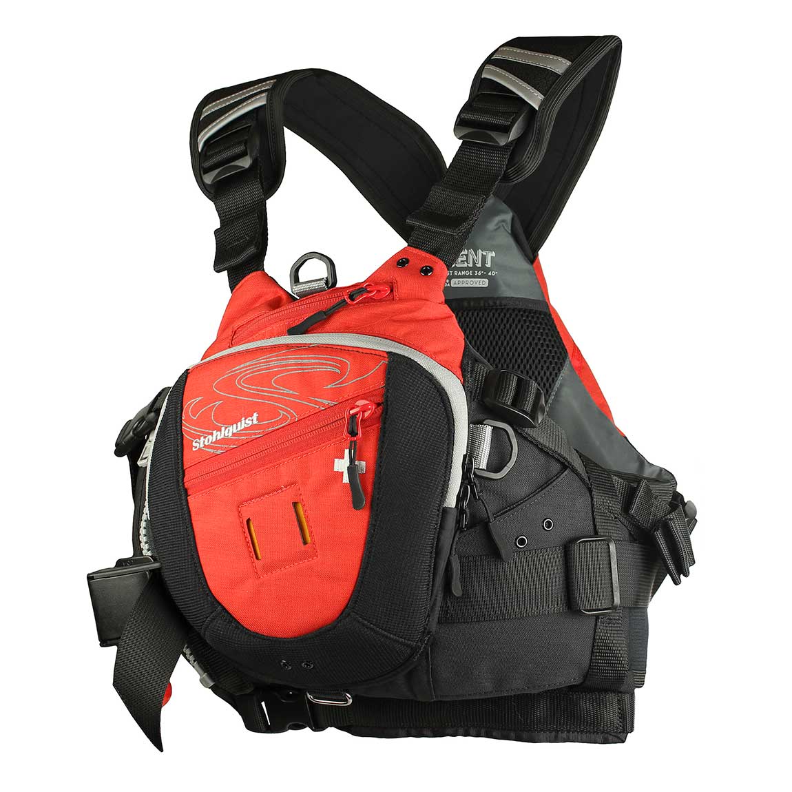 Featuring the Descent Rescue PFD gift for kayaker, gift for rafter, rescue pfd manufactured by Stohlquist shown here from a fourth angle.