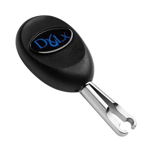 The DocksLocks from SOL Paddle Boards is a black keychain tool featuring a metal bottle opener attachment and a logo with blue text, specially designed for surfboard security.
