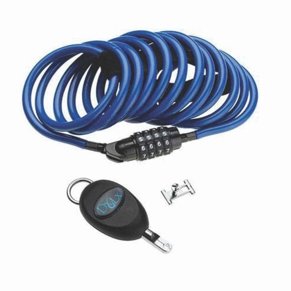 The SOL Paddle Boards DocksLocks features a blue coiled cable and digital key fob with a small metal piece, ideal for paddleboard security. This anti-theft system keeps your gear safe at the beach or on the go.