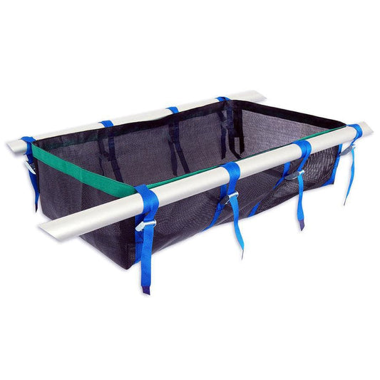 The Mesh Drop Bags by Down River Equipment feature a rectangular frame made of white poles and have blue straps, reminiscent of durable raft frames.