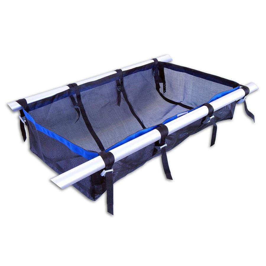 Down River Equipment's Mesh Drop Bags feature a rectangular black and blue PVC coated mesh supported by white poles, complete with black straps.